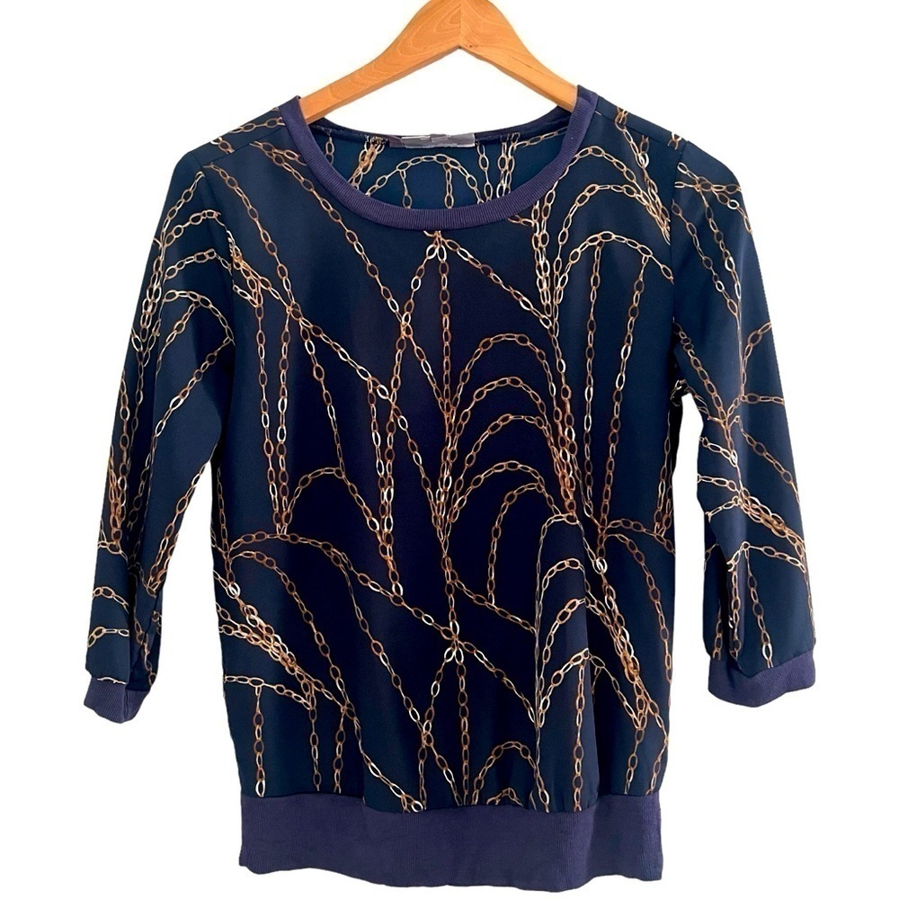 Jennifer Lopez Navy Blue with Gold Chain Design Blouse Top Shirt Sz XS